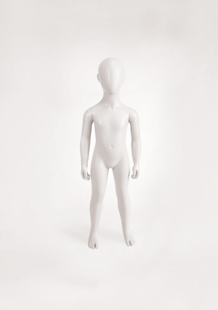 Mannequin by HOL A full-length image of a Farringdon Kids FK01 white, faceless child mannequin standing against a plain, light-colored background. The mannequin has a smooth, featureless surface and stands with arms relaxed by its sides.