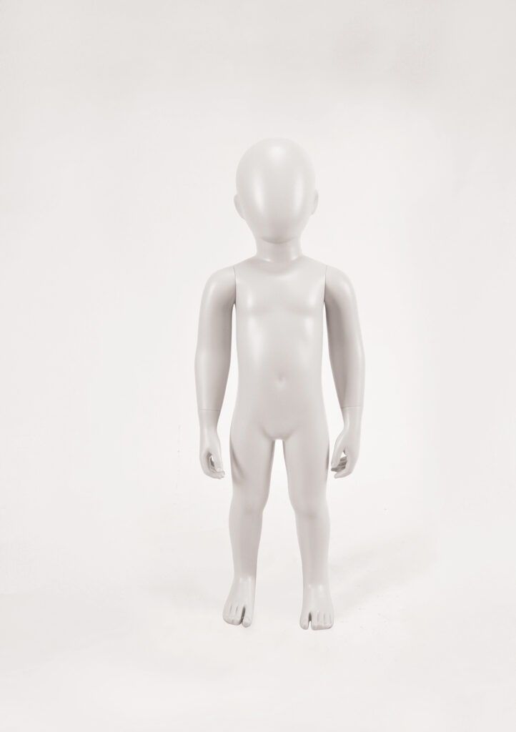 Mannequin by HOL A grey, featureless, human-like mannequin stands upright against a plain white background. The mannequin, labeled FK17 from the Farringdon Kids collection, has a smooth surface, no facial features, and slightly bent arms by its sides.
